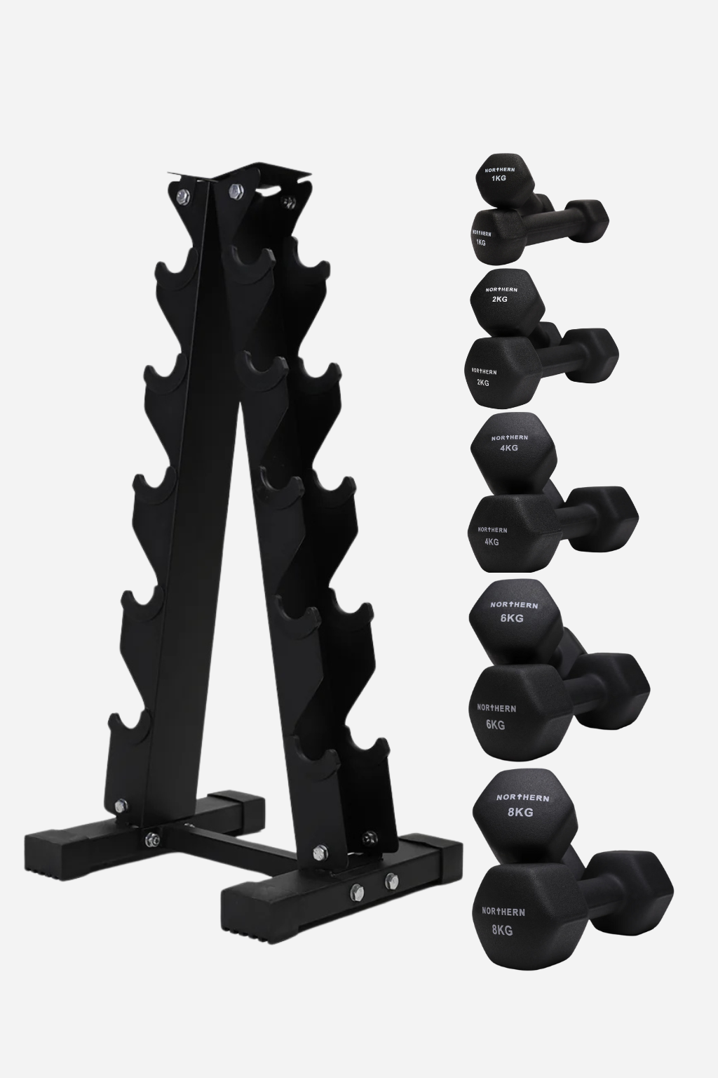 1/2/4/6/8kg Neoprene Dumbbell Set with 5-Tier A-Frame Storage Rack