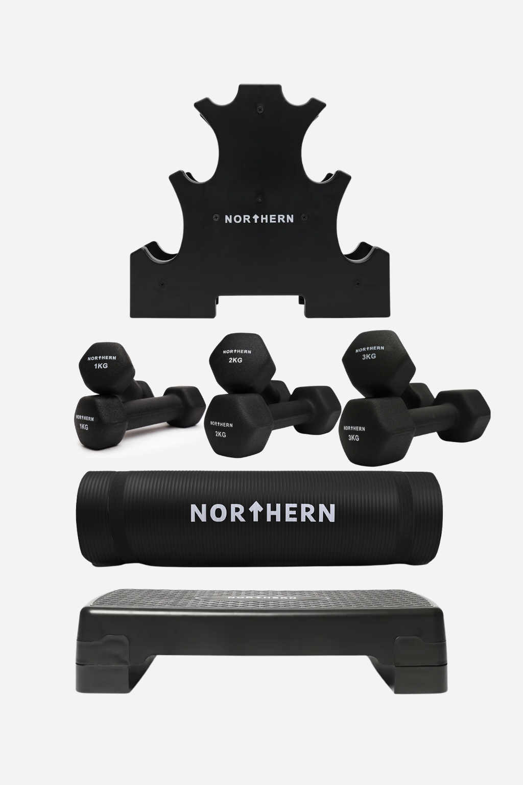Neoprene Dumbbell Beginner Package - 1/2/3kg Set with Mini A-Frame Rack, 10mm Yoga Mat & Stepper