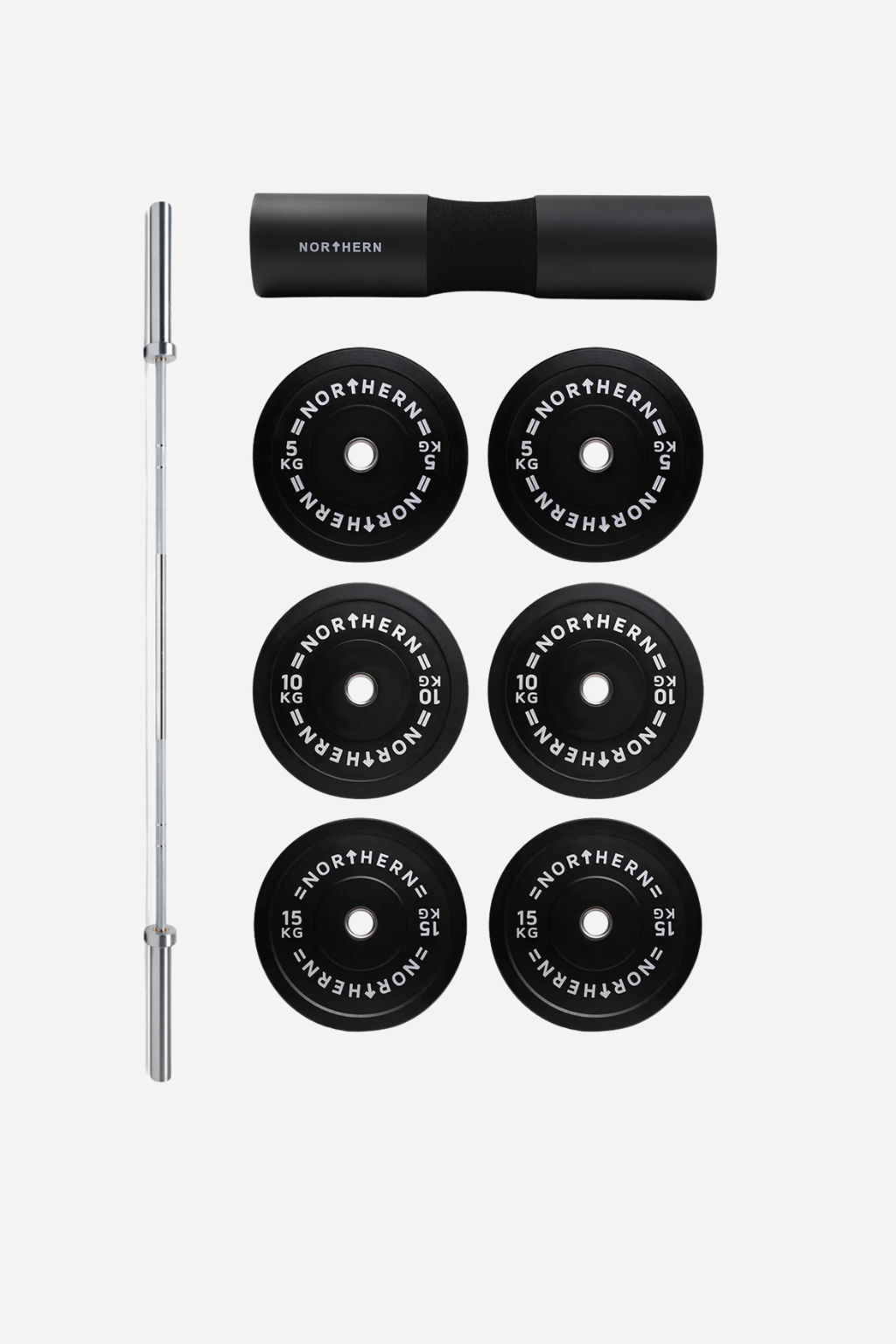 Northern 15Kg Olympic Barbell, 60Kg Bumper Plate Set, Black Barbell Pad Package