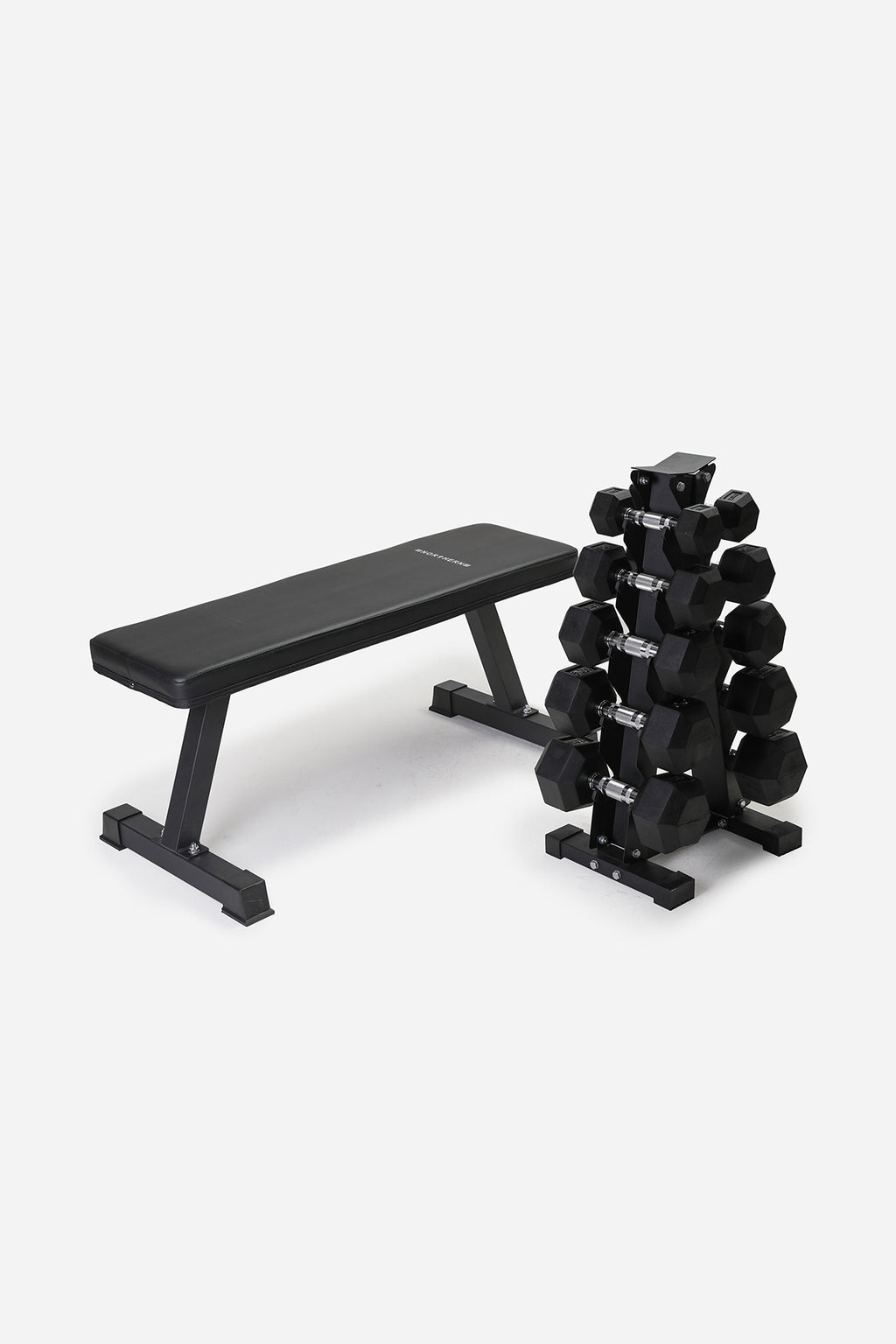 Northern 2.5kg-12.5kg Hex Dumbbells Set, Flat bench and Storage Rack Package