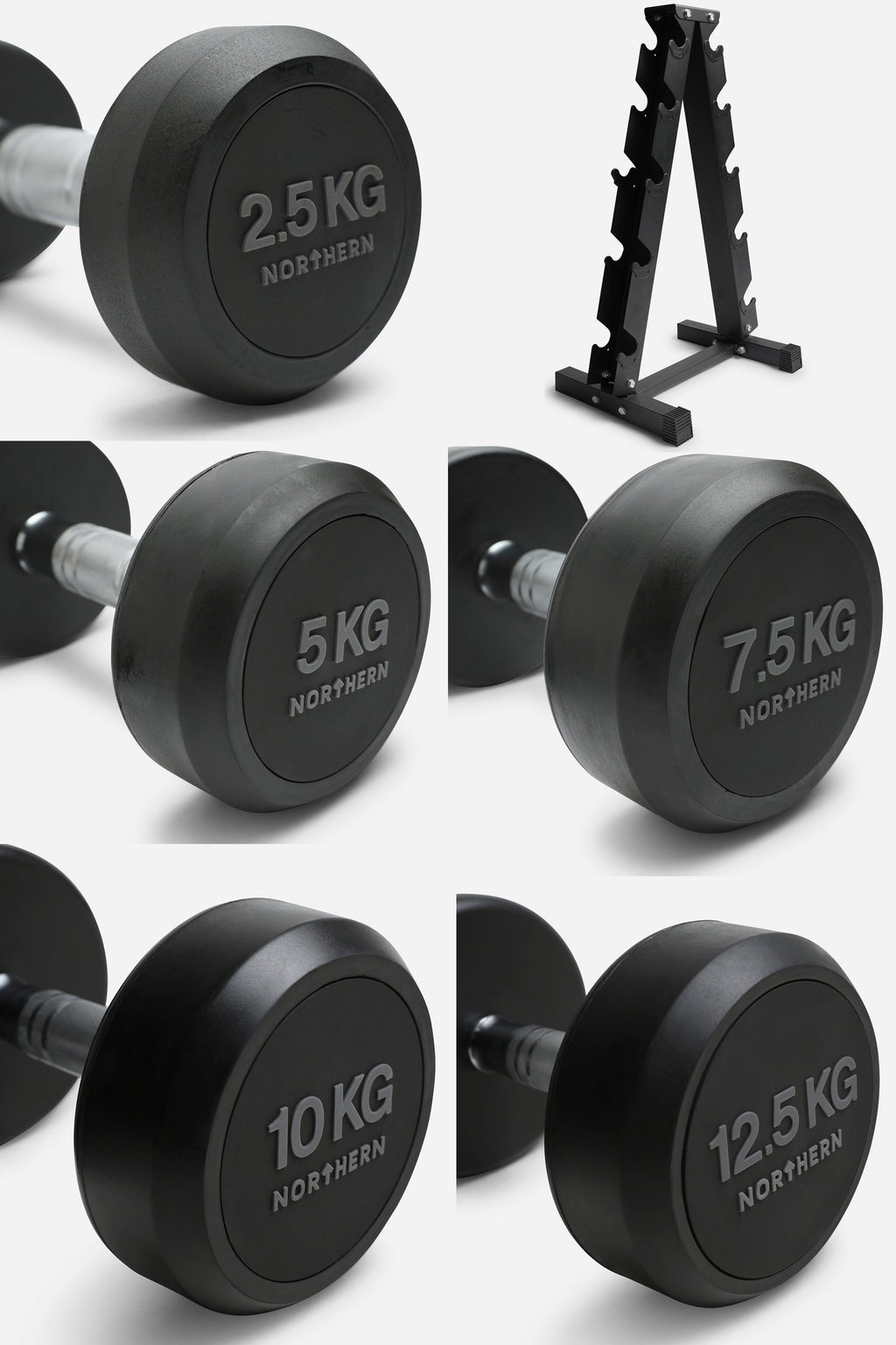 Northern 2.5kg - 12.5kg Round Dumbbell Set + Large 5 Tier A-Frame Storage Holder Rack