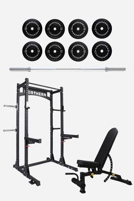 Northern Half Power Rack, 20kg Olympic Bar, 100kg Bumper Plate Set & Adjustable Bench Package