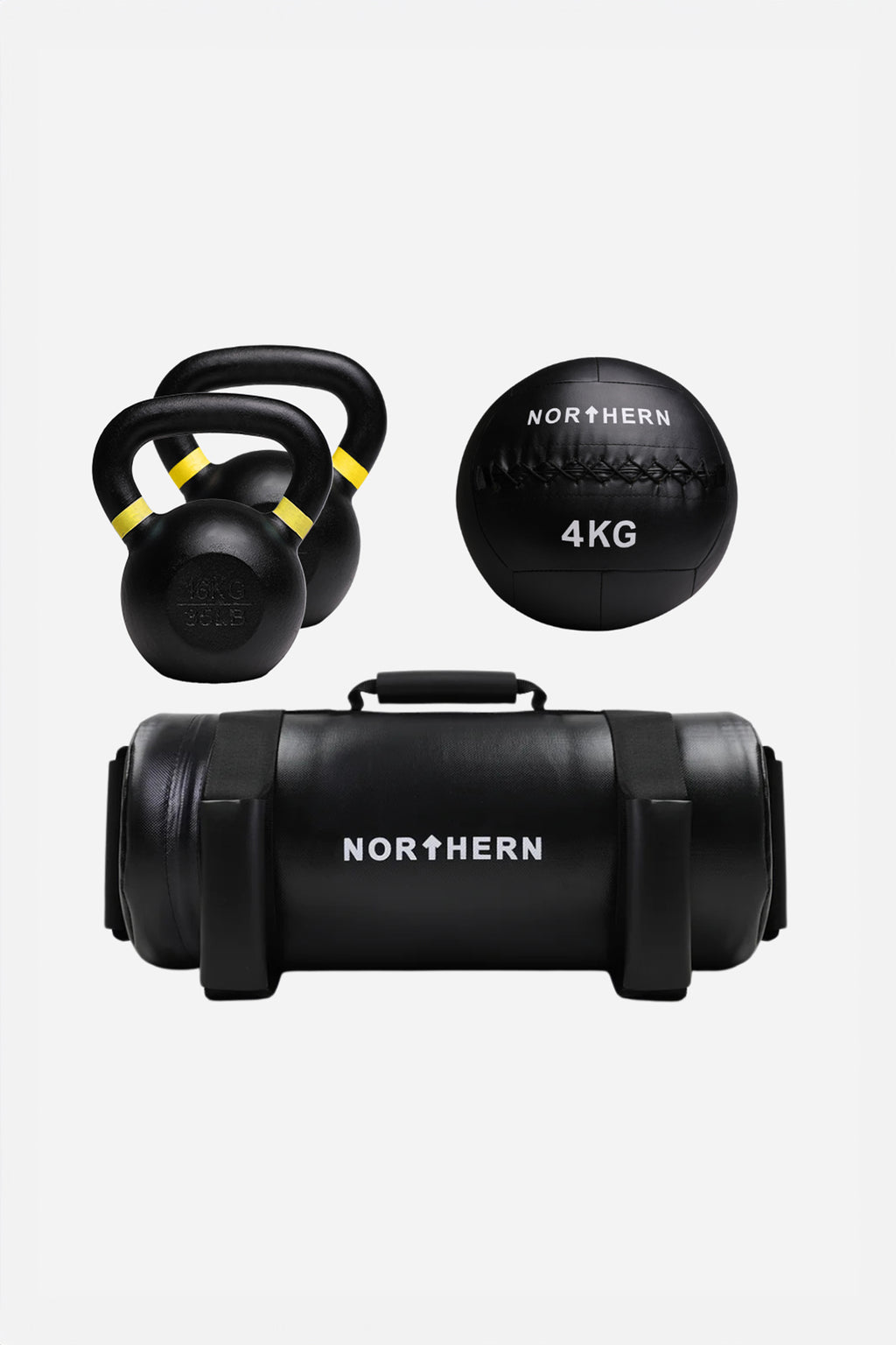Northern Hybrid Training Package A - 16kg Cast Iron Kettlebell Pair, 4kg Wall Ball & 10kg Powerbag