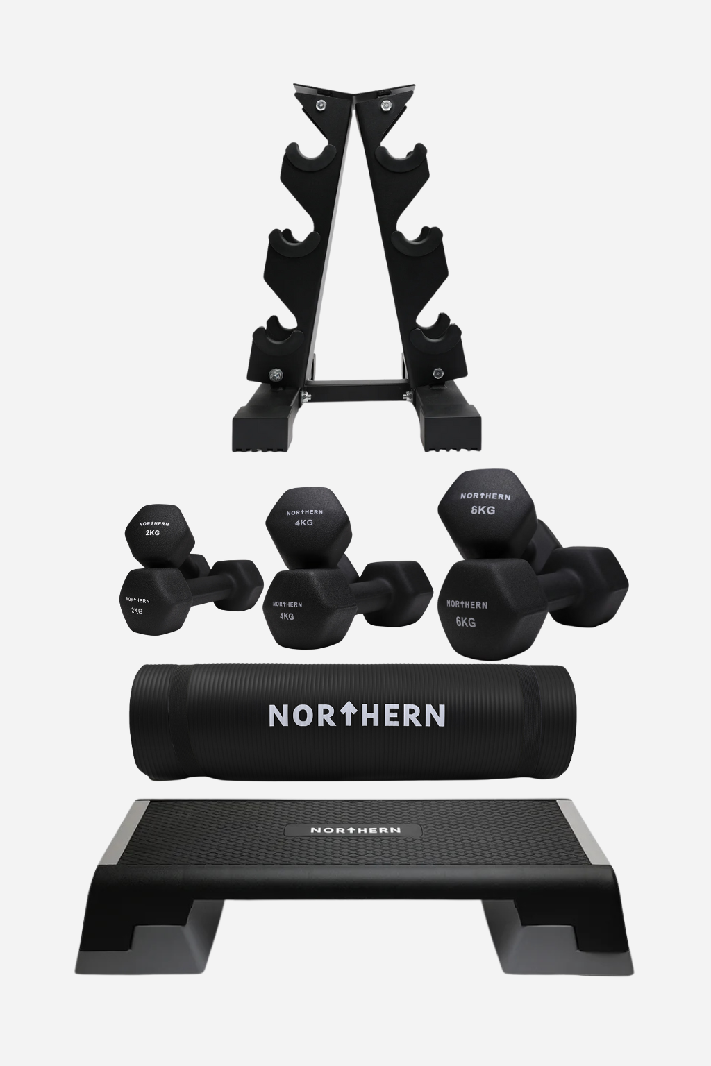 Northern Neoprene Dumbbell Package Intermediate - 2-6kg Set with Rack 3-Tier, Yoga Mat 10mm & 2-Level Fitness Stepper