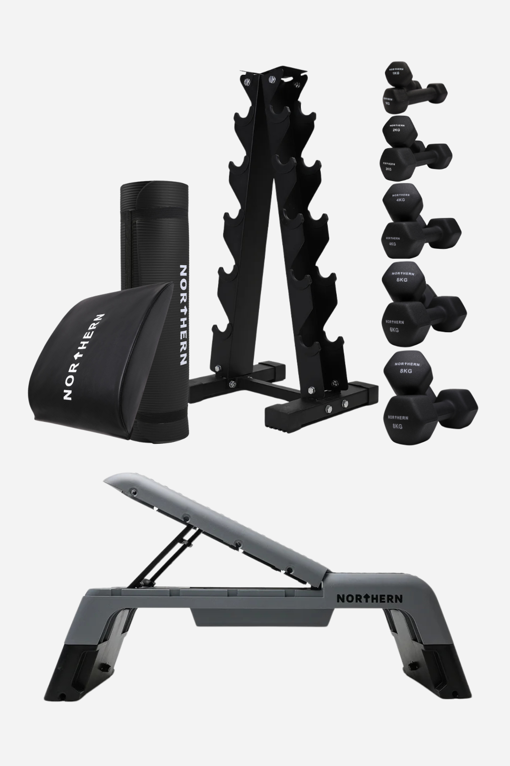 Northern Neoprene Dumbbell Packages Advanced - 1-8KG Set with Rack 5-Tier, Yoga Mat, Ab Mat & Deck Step Bench