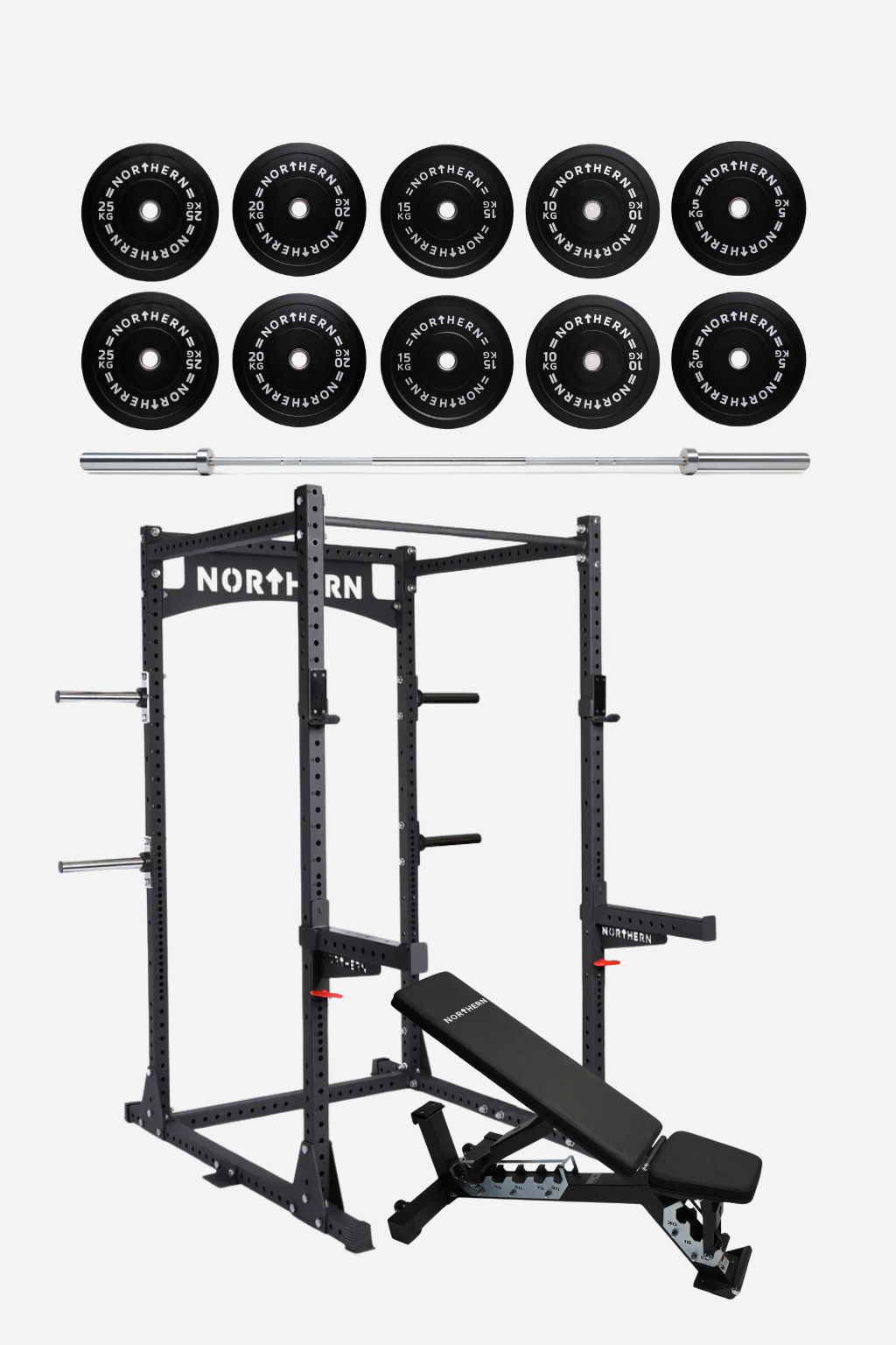 Power Rack Strength Package - Heavy Duty Power Rack, Olympic 20kg Bar, 150kg Bumper Plate Set & Heavy Bench