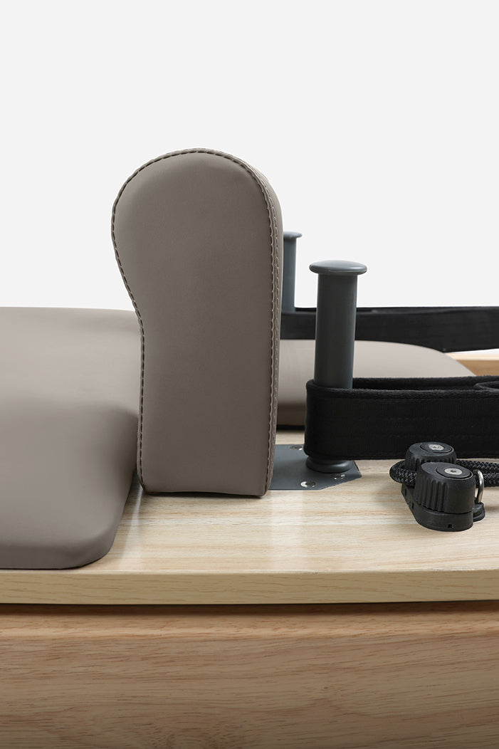 Northern Folding Reformer Bed padded shoulder block and adjustable rope components close-up