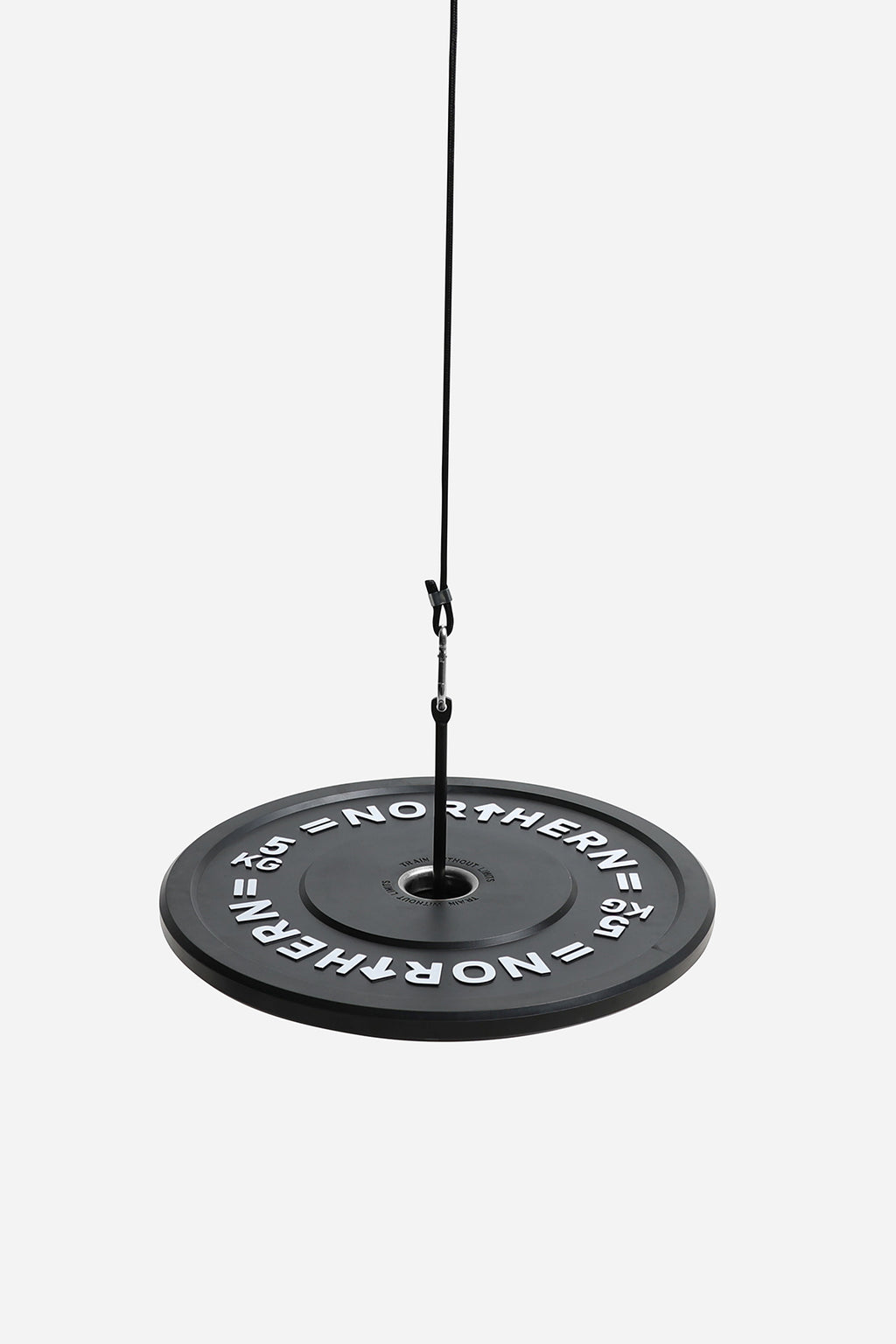 Complete wrist roller setup with rope, weight-loading pin, and attached bumper plate for resistance training