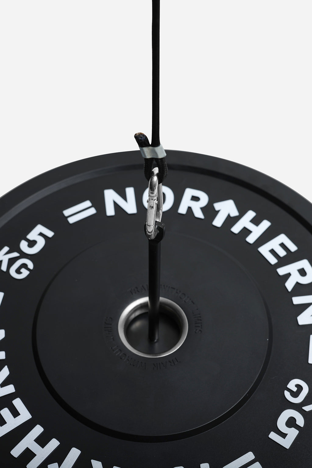 Close-up of wrist roller weight post with attached bumper plate and secure carabiner connection