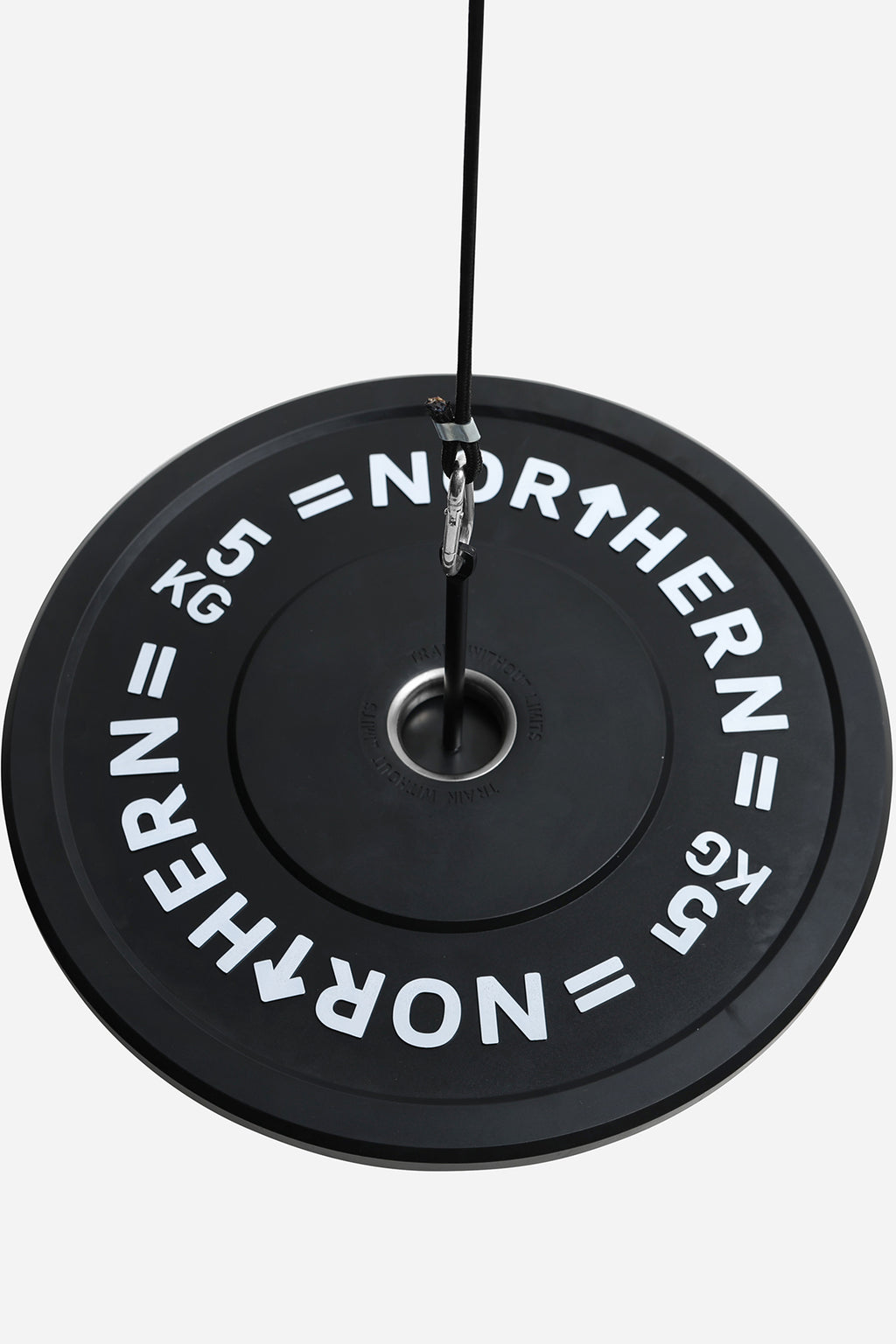 Angled view of loaded wrist roller forearm trainer featuring braided rope and Northern bumper plate