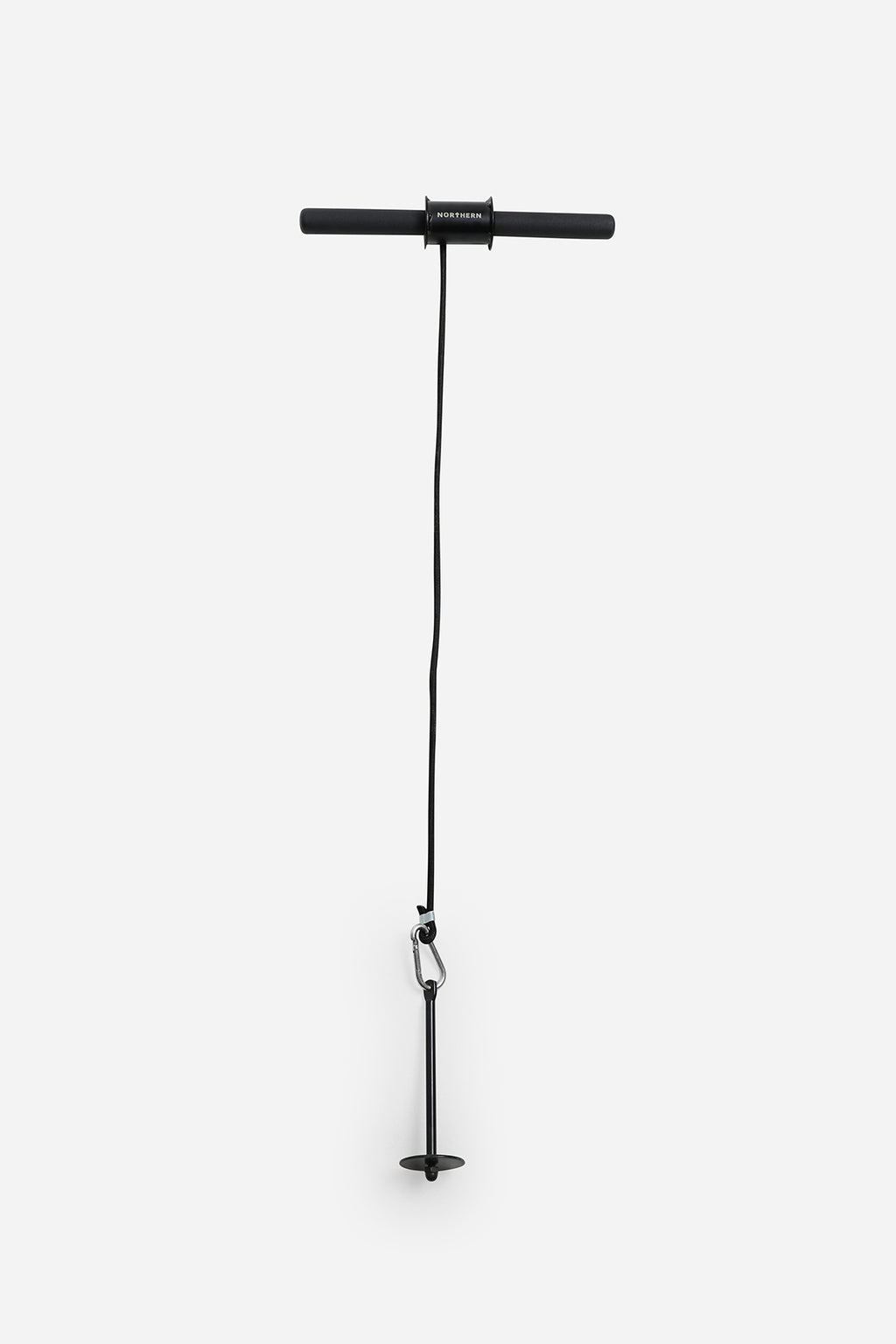 Front view of wrist roller forearm trainer featuring centre spool, rope, and carabiner connection